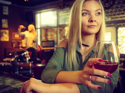 Girl With Alcohol Glass In Pub Club Stock Photo Image Of Wine Sing