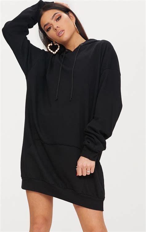 Robe Sweat À Capuche Oversized Noire Robes Prettylittlething Fr