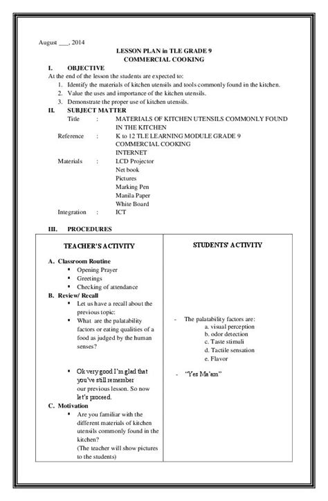 Detailed lesson plan in tle kitchen utensils and equipment | Teacher