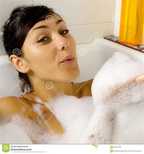 Happy Woman Playing With Foam In Bath Tub Stock Image Image Of Enjoy