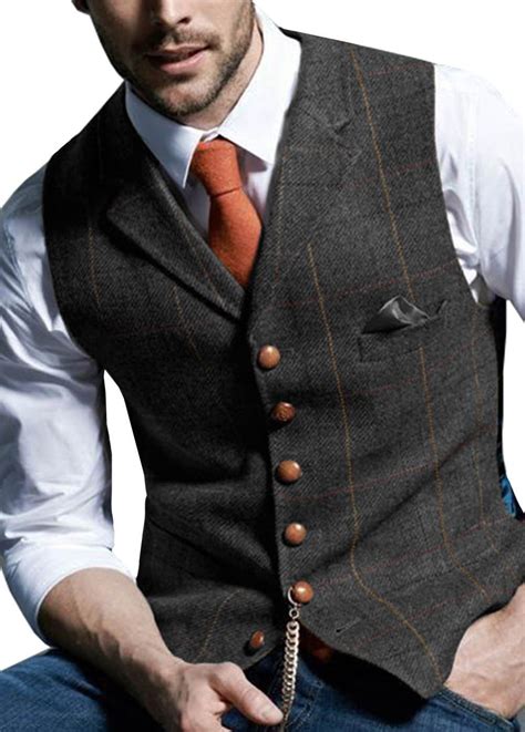 Mens Suit Vest Notched Plaid Wool Herringbone Tweed Waistcoat Casual