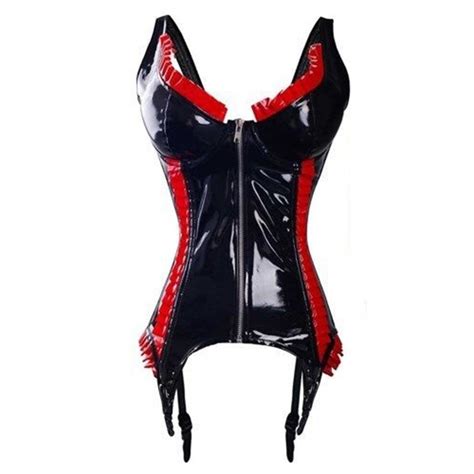 Sexy Black Red Ruffles Pvc Latex Corset Panty Thong Set New In