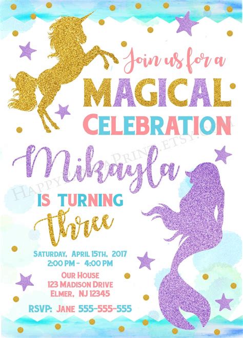 Unicorn And Mermaid Invitation Magical Birthday Invitation Etsy
