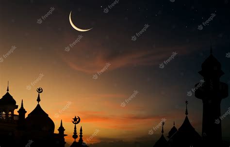 Premium Photo Silhouette Dome Mosques On Dusk Sky And Crescent Moon