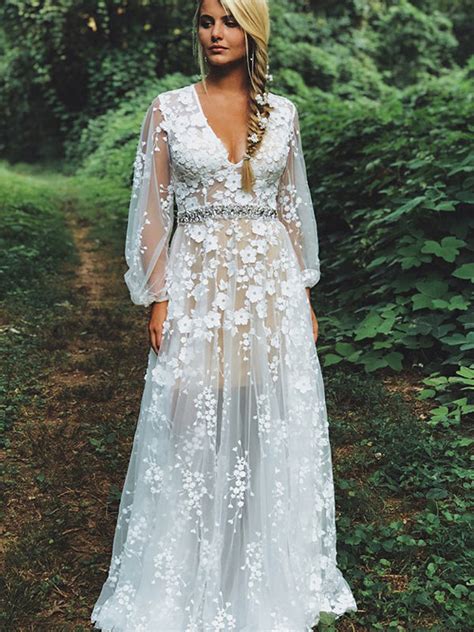 White Lace Illusion Long Sleeve Boho Wedding Dresses Ab1512 Alinebridal