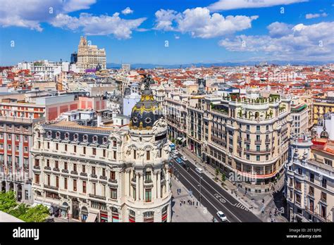 Madrid Spain Aerial View Of Gran Via Main Shopping Street In Madrid
