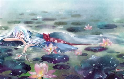 Wallpaper Girl Flowers Fog Lake Anime Art Water Lilies Vira