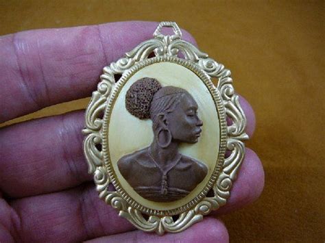 Rare African American Lady Ivory Brown Oval Cameo Brass Pin Pendant