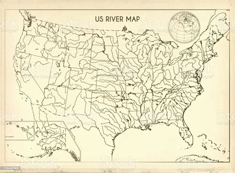 Vintage United States River Map On Retro Paper Background Stock