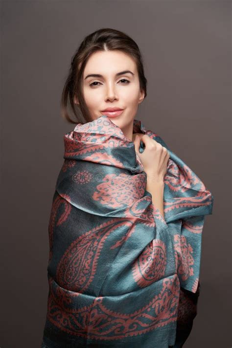 Beautiful Young Woman Portrait With Silk Scarf On Gray Background Stock Image Image Of Luxury