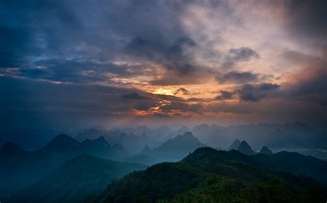 Nature Sunrise Mountain Mist Guilin China Sky Clouds Landscape