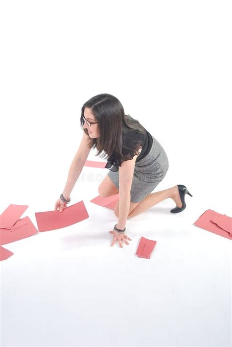 Business Woman Kneeling Picking Up Files Stock Photo Image Of Joint