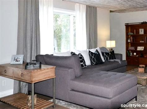 Most sectional sofas provide more seating than a regular sofa. Linen drapes Charcoal Gray Sectional tufted cushions ...