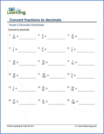 Grade 5 Math Worksheets: Convert proper fractions to decimals | K5 Learning