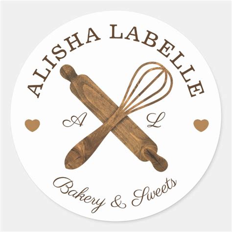 Minimal Wooden Rolling Pin And Whisk Bakery Logo Classic Round Sticker