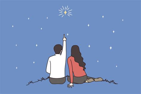 Back View Of Lover Couple Sit Outdoor Count Stars On Romantic Evening