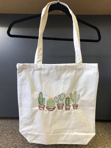 Embroidered Canvas Tote Bag Cactus Shopping Bag Everyday Tote Etsy