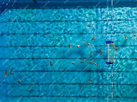 Premium Photo Aerial Drone Top View Of Swimming Pool With Athletes