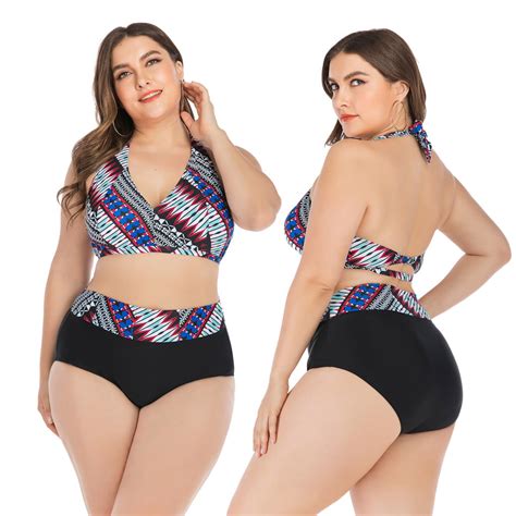 Women S Sexy Plus Size Halter Sling Backless Print Bikini Split