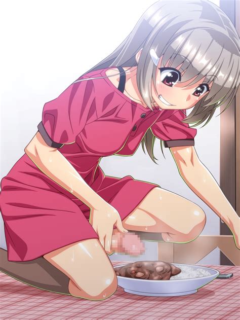 Kuga Hajime World Lover Highres 1girl Blush Brown Hair Censored Clothes Food Futanari