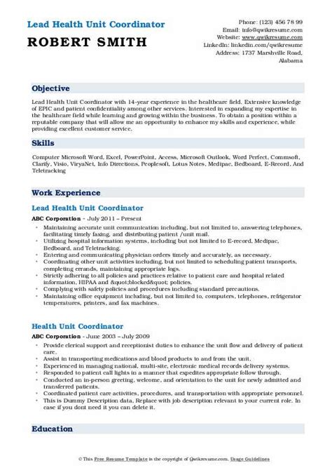 health unit coordinator resume samples qwikresume