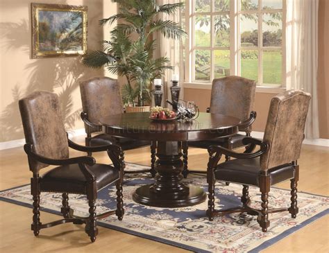 Ugly dining room chairs be gone! Stylish Wooden Dining Room in Antique Walnut Finish