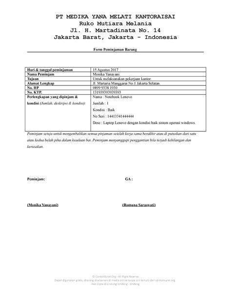 Contoh Form Peminjaman Barang Inventaris Kantor 01 Pt Medika Yana