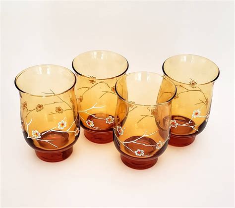 Libbey empress brilliant cut glass flower center vase, colorless, facet cut ring neck vintage indiana sandwich glass pattern #170 crystal creamer and sugar on tray: Vintage Amber Water Glasses by Libbey with White Floral ...