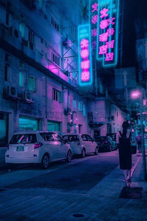 Hong Kong Nite Street View Wif Hotel Light Blue Aesthetic Aesthetic