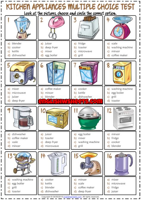 Kitchen Appliances Esl Printable Multiple Choice Test For Kids