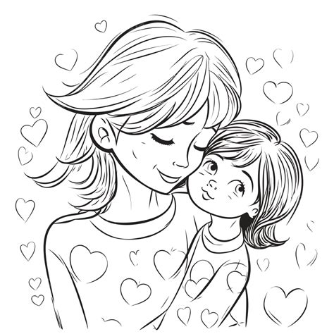 Dibujo De Una Madre Abrazando A Su Hija Con Un Esbozo De Corazones De