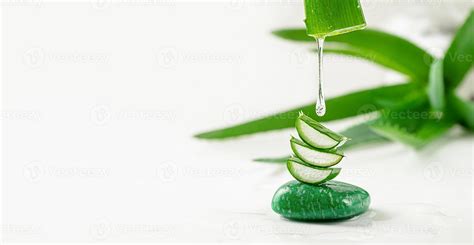 Aloe Vera Essence Gel Dripping From The Leaf On White Background Skin