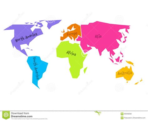 Mapa Del Mundo Simplificado Dividido A Seis Continentes En Diversos