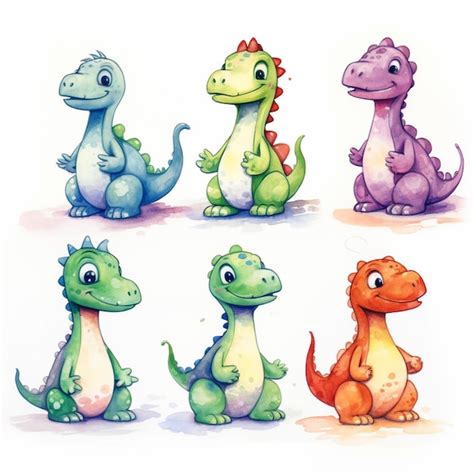 Dinossauros De Desenho Animado Sentados E De Pé Em Diferentes Poses