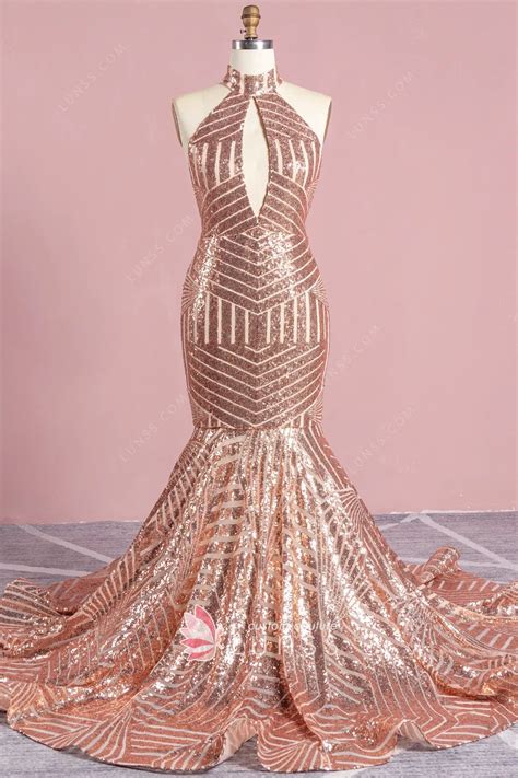 Sexy Cut Out Rose Gold Sequin Mermaid Prom Dress Lunss