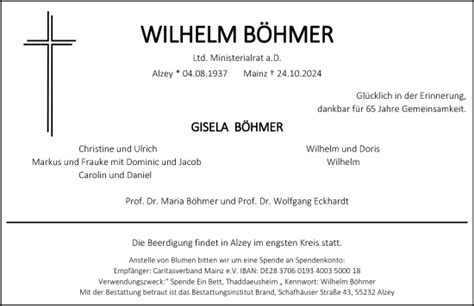 Traueranzeigen von Wilhelm Böhmer vrm trauer de