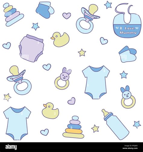 Seamless Pattern With Baby Boy Items Newborn Clothes And Accessories