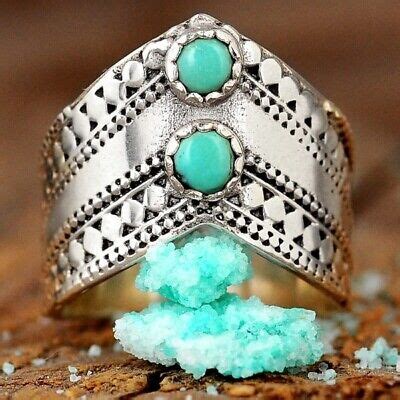 Sterling Silver Turquoise Ring For Women Boho Bohemian Blue Stone Thumb