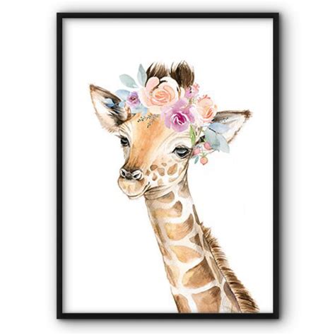 Cute Baby Giraffe Watercolour Canvas Print Wall Art Poster