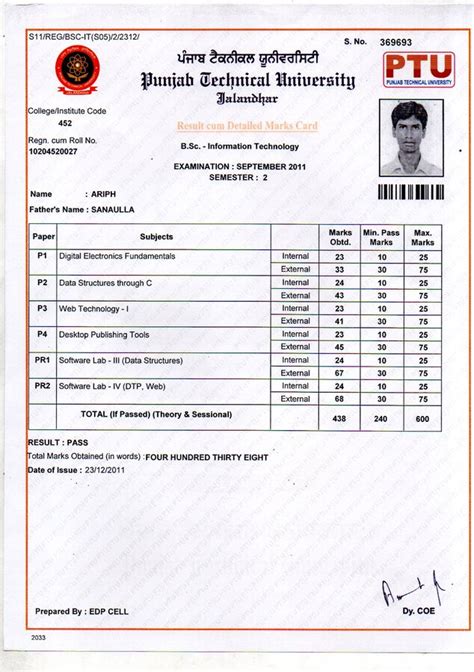 Punjab Technical University — Marksheet Of 4 Semester