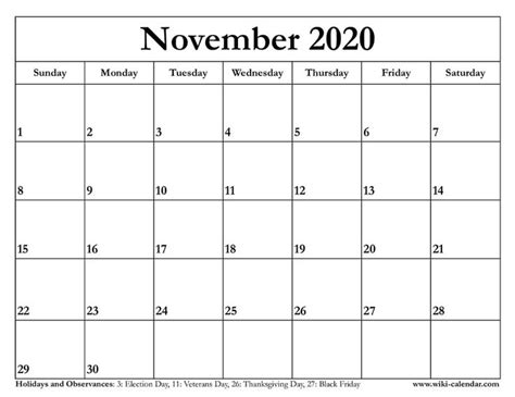 November 2020 Calendar With Holidays In The Usa