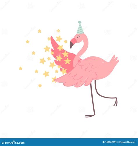 Cute Flamingo Wearing Party Hat With Stars Beautiful Exotic Bird