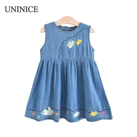 Uninice Casual Girls Denim Dress Summer Embroidery Flower Dress For