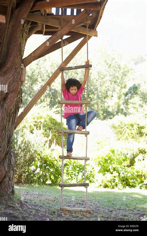 Young Boy Climbing Rope Ladder To Treehouse Stock Photo Alamy