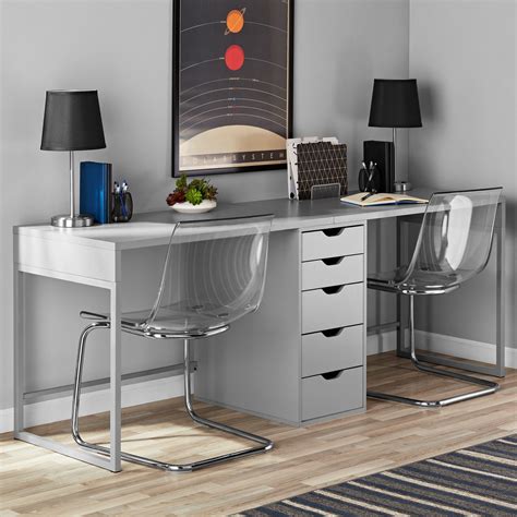 Mainstays 2 Person Writing Desk With 5 Drawers Grey Finish Walmart