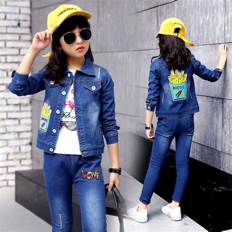 2018 New Childrens Denim Set Spring Autumn Girl Embroidered Long