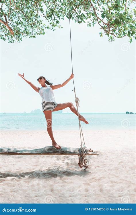 Young Woman On Swings On Sea Beach Stock Photo Image Of Boat