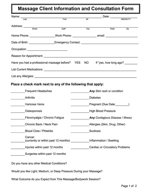 Printable Massage Consultation Forms Printable Forms Free Online