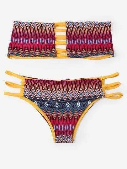 Strappy Multicolor Tribal Print Bandeau Bikini Set Sheinsheinside