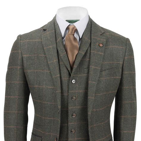 Mens 3 Piece Tweed Wool Suit Green Vintage Herringbone Check Smart